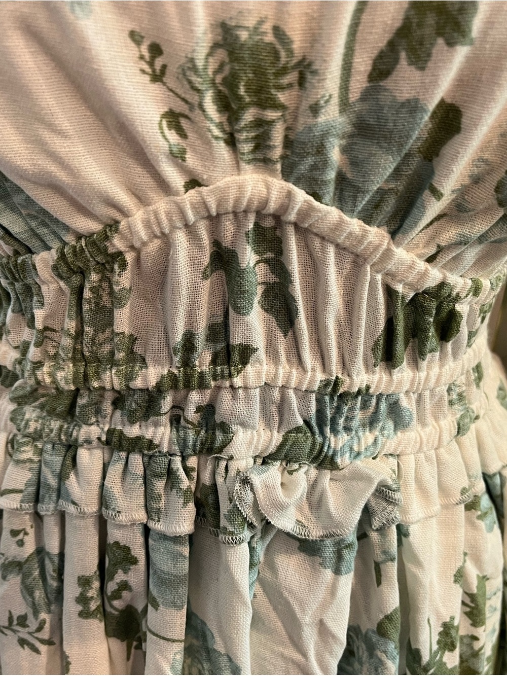 Doen Style V-Neck Green & White Floral Linen Blend Midi Dress Cottagecore - Picture 3 of 8